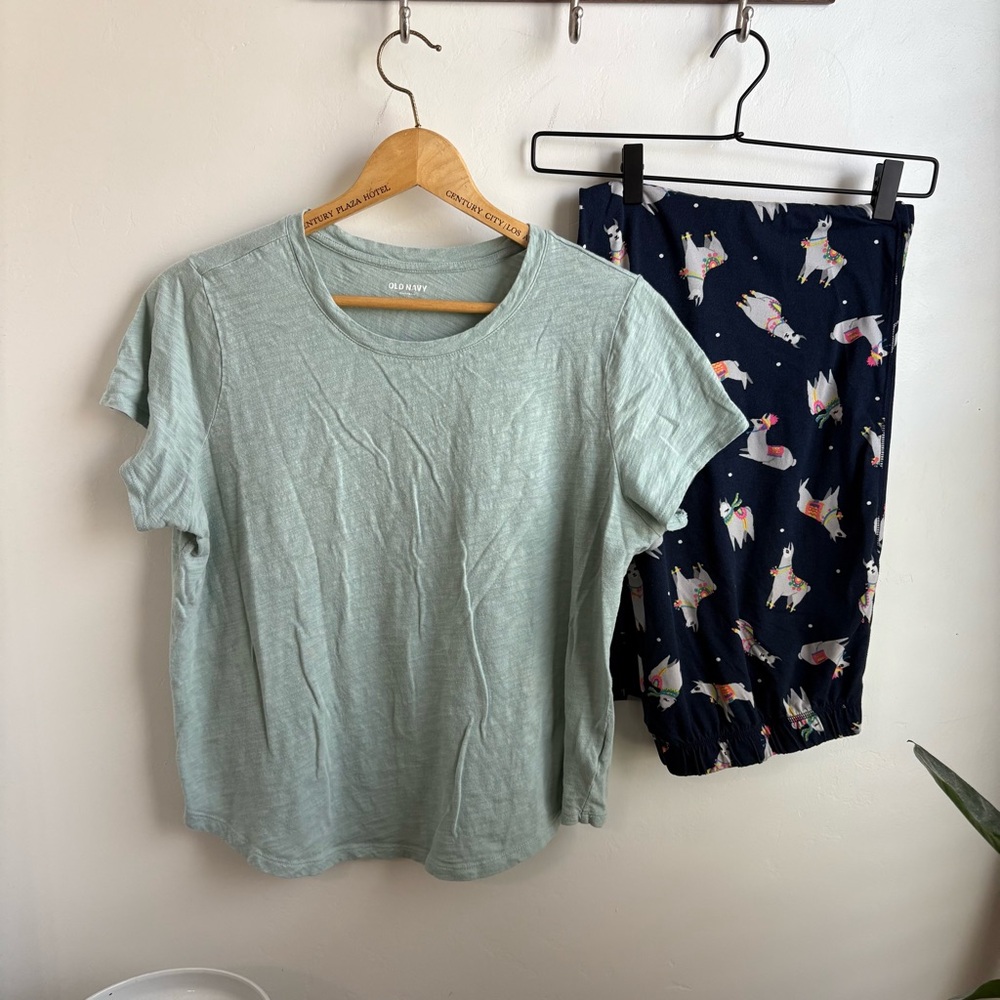 Old Navy Mint Green Top and Jenni Intimates Llama Navy Pajama Bottoms